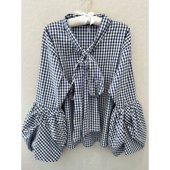 TOV | Navy Gingham Tie Front Bow Blouse Dramatic Balloon Sleeves | Size 38 - Picture 1 of 8